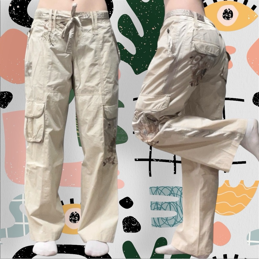 Vintage✨ | Style | Y2K Mid Rise Beige Floral Embroidered Satin Trim Cargo Pants
